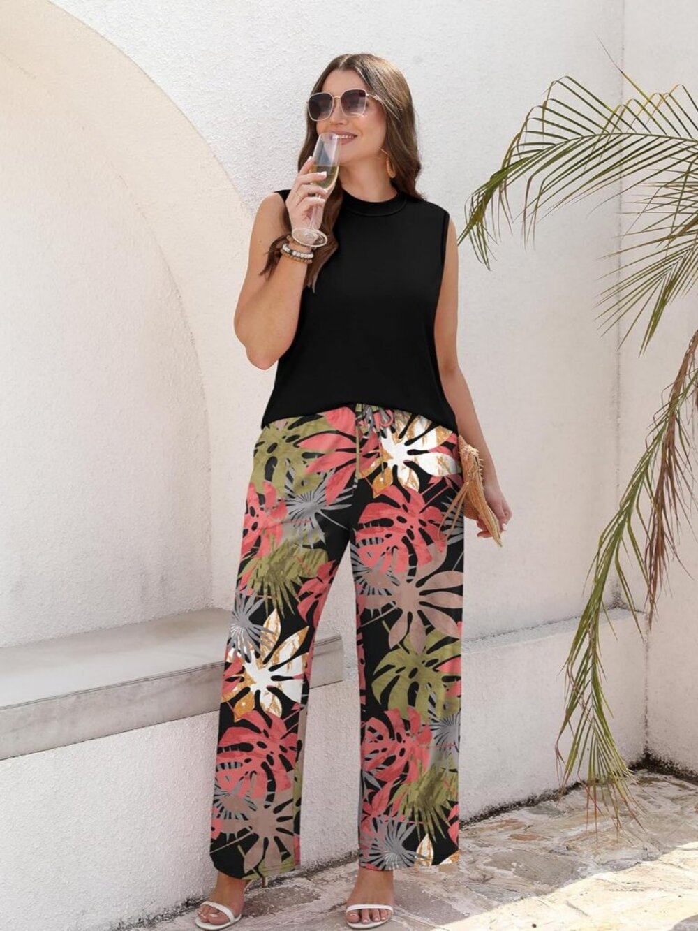 🆕Women Black Pink Leaf 2 Piece Set Summer Spring Outfits Mock Neck Wide Leg - Picture 3 of 4
